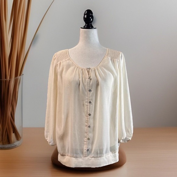 Vintage y2k Whimsigoth Fairy Grunge Sheer Top XL Romantic Peach Metallic Smocked - Picture 1 of 16